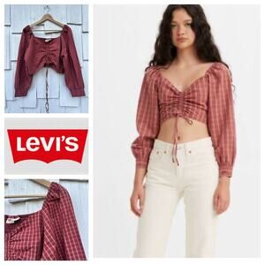 NWT Levi's Devin Blouse Red Cotton Plaid Cropped Top Long Sleeve Smocked Size XL